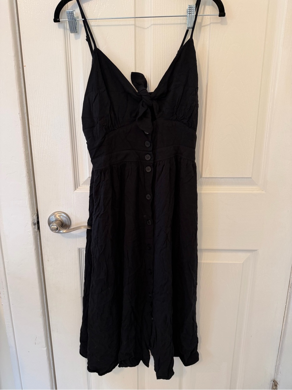 Women's Black Tie-Front Midi Dress with Button Front